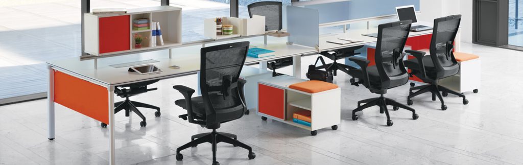 Set of office furniture such office chairs, filing cabinets and office table.
